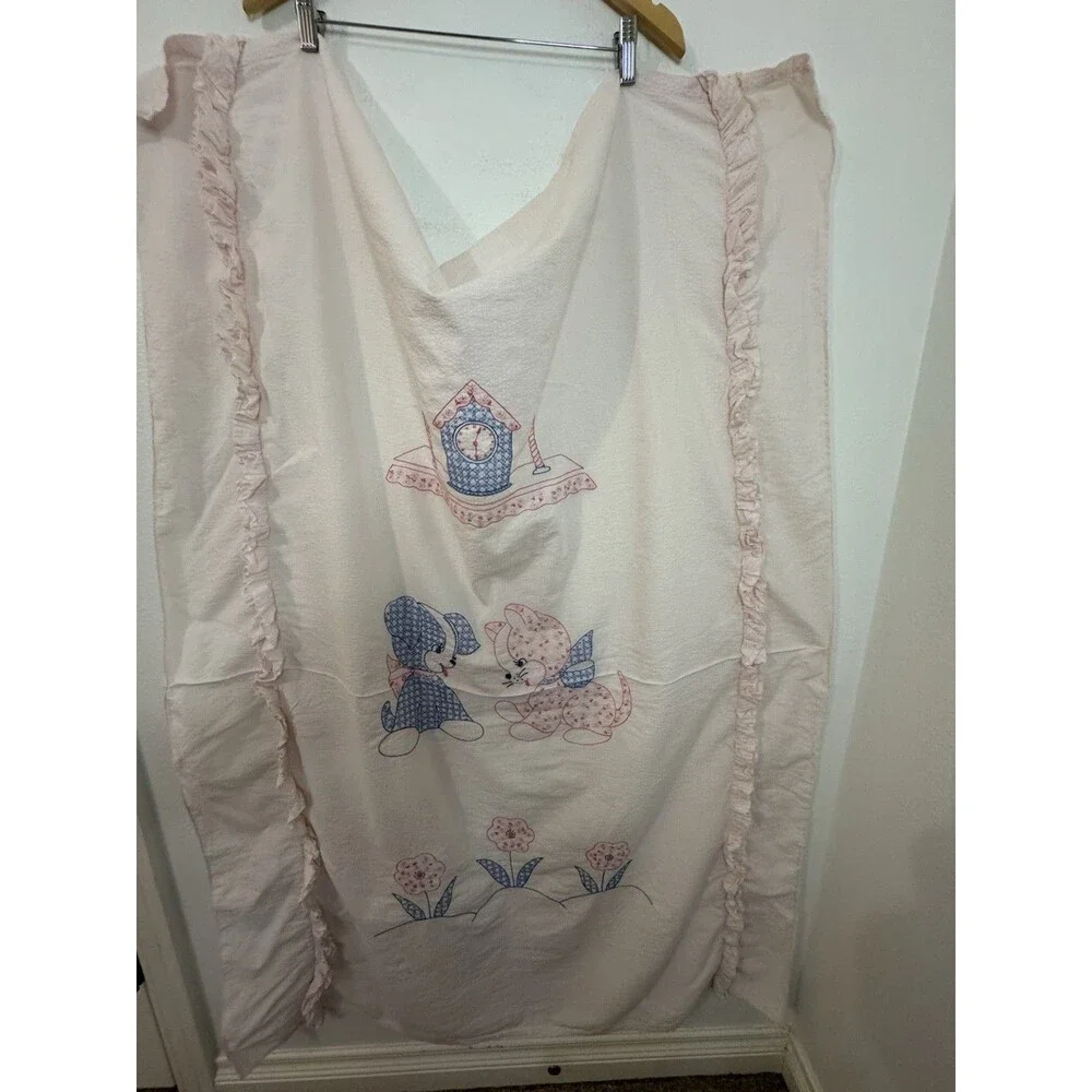Vintage Homemade Hand Cross Stitch Baby Nursery Crib Bedding Blanket 40x 56 Dogs